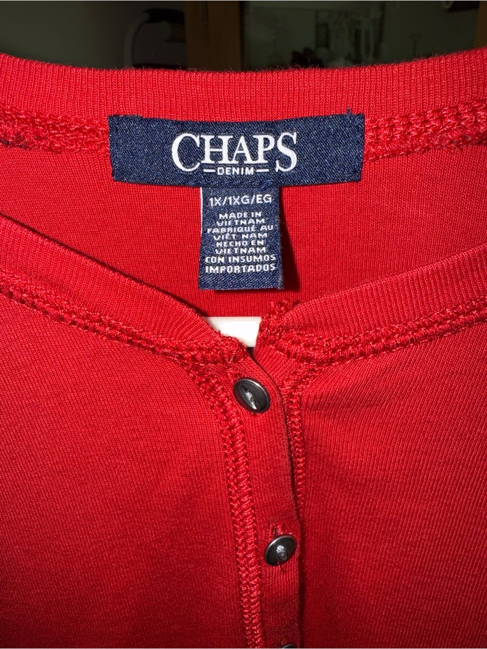 Chaps Red Henley with Black-Red Plaid Raglan Sleeves - Picture 2 of 5